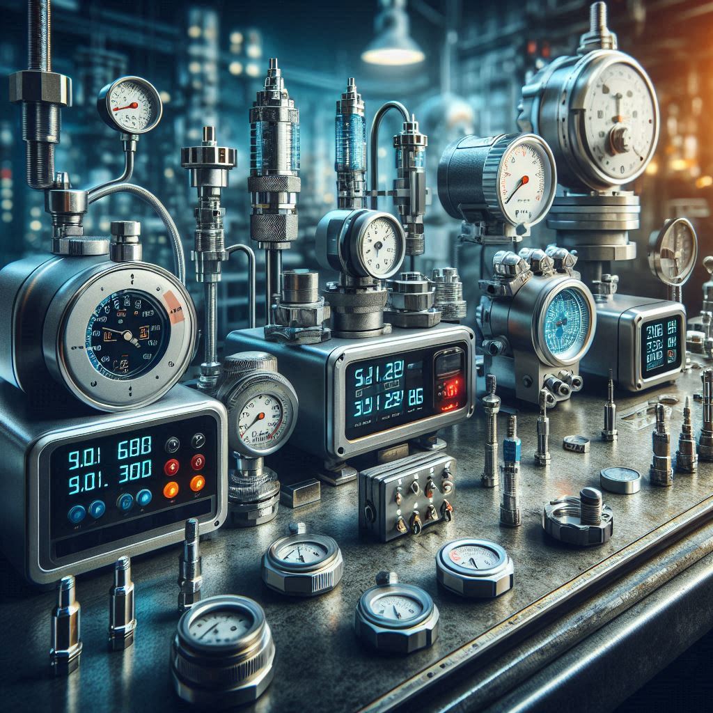 Industrial precision instruments including pressure sensors, temperature gauges, and proximity sensors